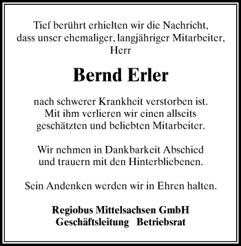 Todesanzeige von Bernd Erler von Freiberg / Brand Erbisdorf