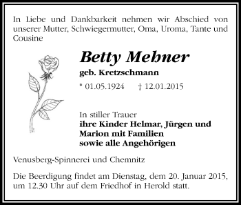 Todesanzeige von Betty Mehner von Annaberg, Zschopau