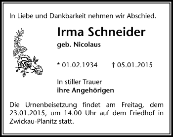 Todesanzeige von Irma Schneider von Zwickau