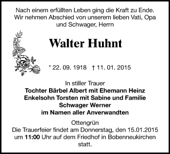 Todesanzeige von Walter Huhnt von Oberes Vogtland