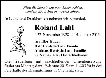 Todesanzeige von Roland Lahl von Chemnitz
