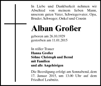 Todesanzeige von Alban Großer von Plauen