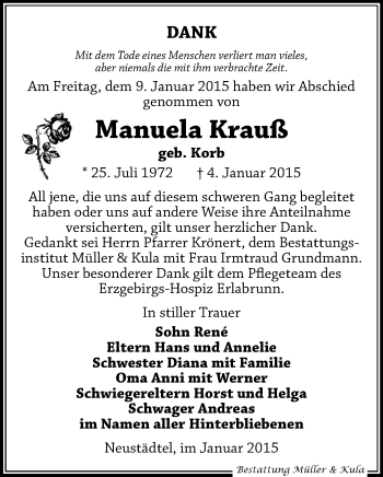 Todesanzeige von Manuela Krauß von Aue