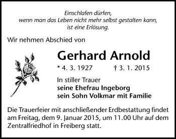 Todesanzeige von Gerhard Arnold von Freiberg / Brand Erbisdorf