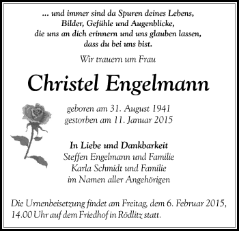 Todesanzeige von Christel Engelmann von Hohenstein-Ernstthal