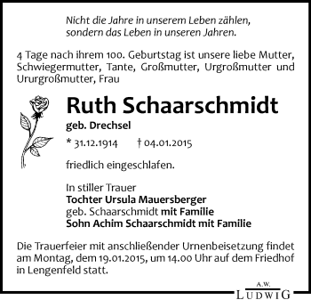 Todesanzeige von Ruth Schaarschmidt von Reichenbach