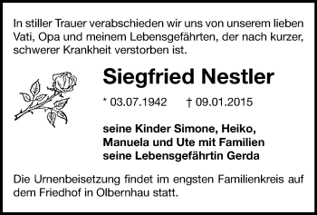 Todesanzeige von Siegfried Nestler von Marienberg