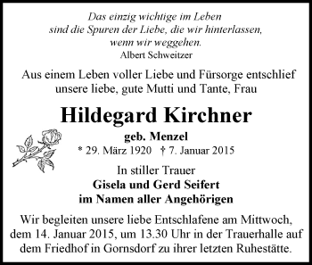 Todesanzeige von Hildegard Kirchner von Stollberg