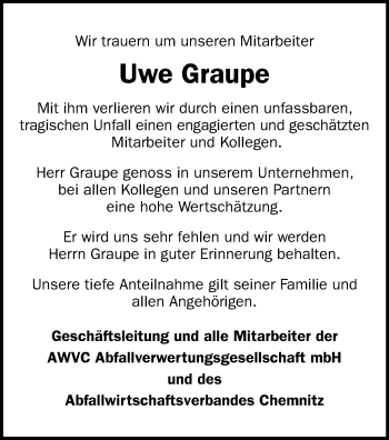 Todesanzeige von Uwe Graupe von Chemnitz, Stollberg