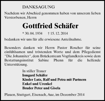 Todesanzeige von Gottfried Schäfer von Plauen