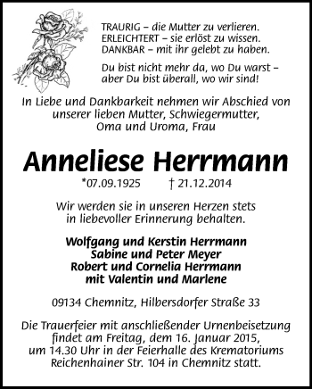 Todesanzeige von Anneliese Herrmann von Freiberg / Brand Erbisdorf