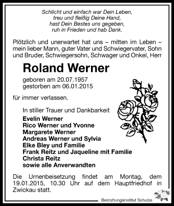 Todesanzeige von Roland Werner von Zwickau