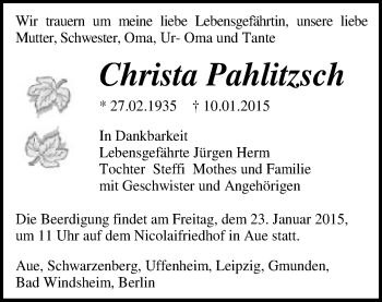 Todesanzeige von Christa Pahlitzsch von Aue, Schwarzenberg