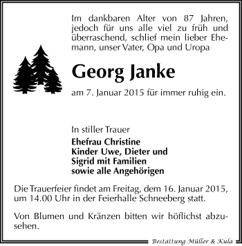 Todesanzeige von Georg Janke von Aue