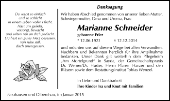 Todesanzeige von Marianne Schneider von Marienberg, Freiberg / Brand Erbisdorf