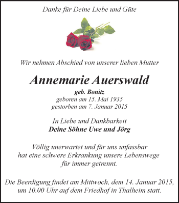 Todesanzeige von Annemarie Auerswald von Stollberg