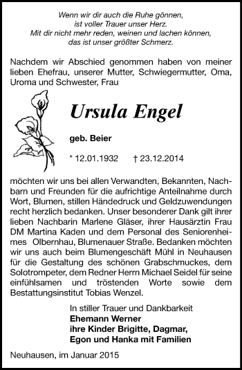 Todesanzeige von Ursula Engel von Freiberg / Brand Erbisdorf, Marienberg
