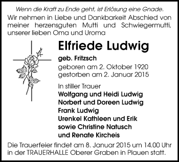Todesanzeige von Elfriede Ludwig von Plauen