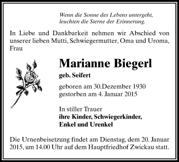 Todesanzeige von Marianne Biegerl von Zwickau