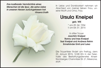 Todesanzeige von Ursula Kneipel von Glauchau