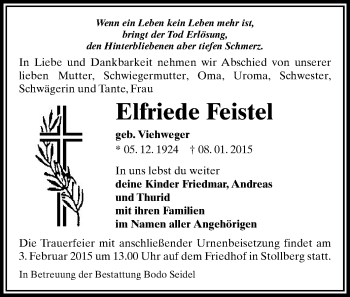 Todesanzeige von Elfriede Feistel von Stollberg