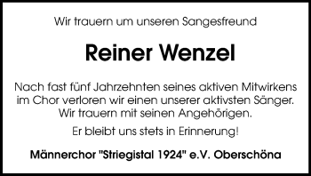Todesanzeige von Reiner Wenzel von Freiberg / Brand Erbisdorf