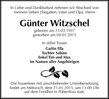 Todesanzeige von Günter Witzschel von Chemnitz