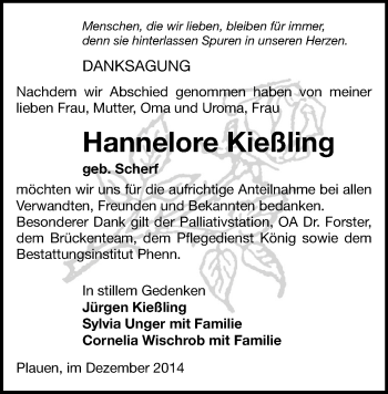 Todesanzeige von Hannelore Kießling von Plauen