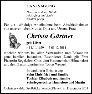 Todesanzeige von Christa Gärtner von Marienberg, Zschopau