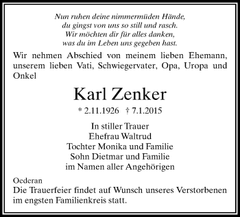 Todesanzeige von Karl Zenker von Flöha