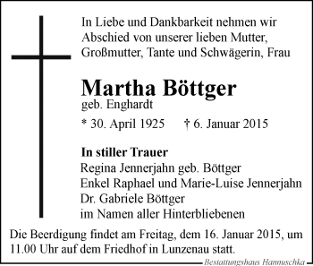 Todesanzeige von Martha Böttger von Rochlitz