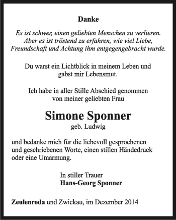 Todesanzeige von Simone Sponner von Zwickau