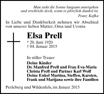 Todesanzeige von Elsa Prell von Zwickau