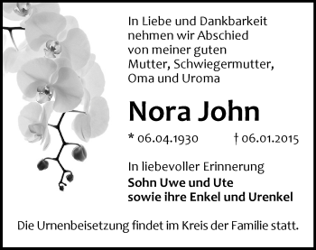 Todesanzeige von Nora John von Flöha