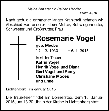 Todesanzeige von Rosemarie Vogel von Freiberg / Brand Erbisdorf