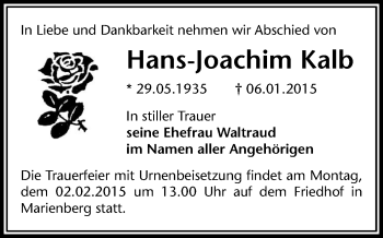 Todesanzeige von Hans-Joachim Kalb von Marienberg