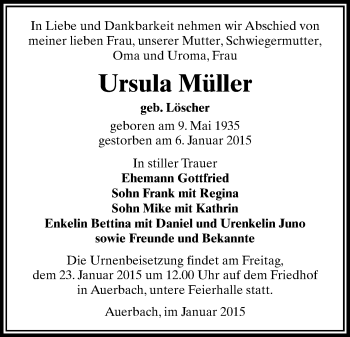Todesanzeige von Ursula Müller von Auerbach