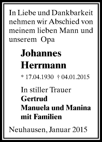 Todesanzeige von Johannes Herrmann von Marienberg