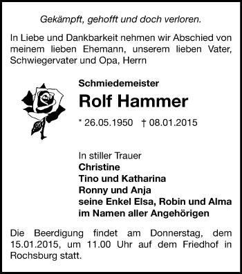 Todesanzeige von Rolf Hammer von Chemnitz, Rochlitz