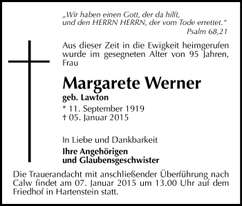 Todesanzeige von Margarete Werner von Zwickau