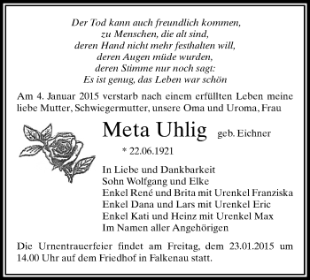 Todesanzeige von Meta Uhlig von Flöha