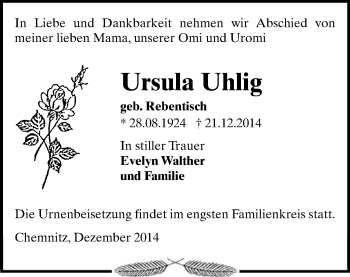 Todesanzeige von Ursula Uhlig von Chemnitz