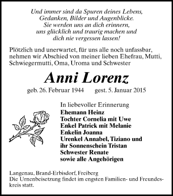 Todesanzeige von Anni Lorenz von Freiberg / Brand Erbisdorf