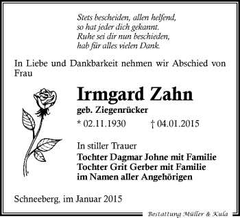 Todesanzeige von Irmgard Zahn von Aue