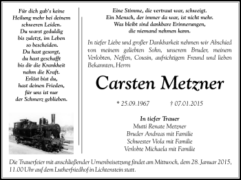 Todesanzeige von Carsten Metzner von Hohenstein-Ernstthal