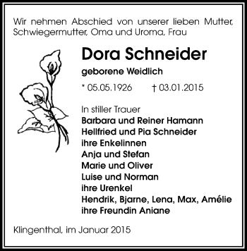 Todesanzeige von Dora Schneider von Oberes Vogtland