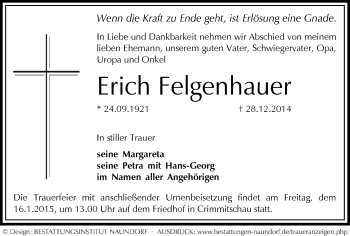 Todesanzeige von Erich Felgenhauer von Werdau