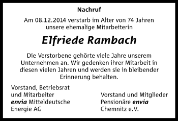 Todesanzeige von Elfriede Rambach von Plauen