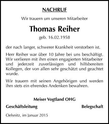 Todesanzeige von Thomas Reiher von Oberes Vogtland, Plauen