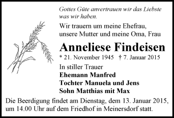 Todesanzeige von Anneliese Findeisen von Stollberg